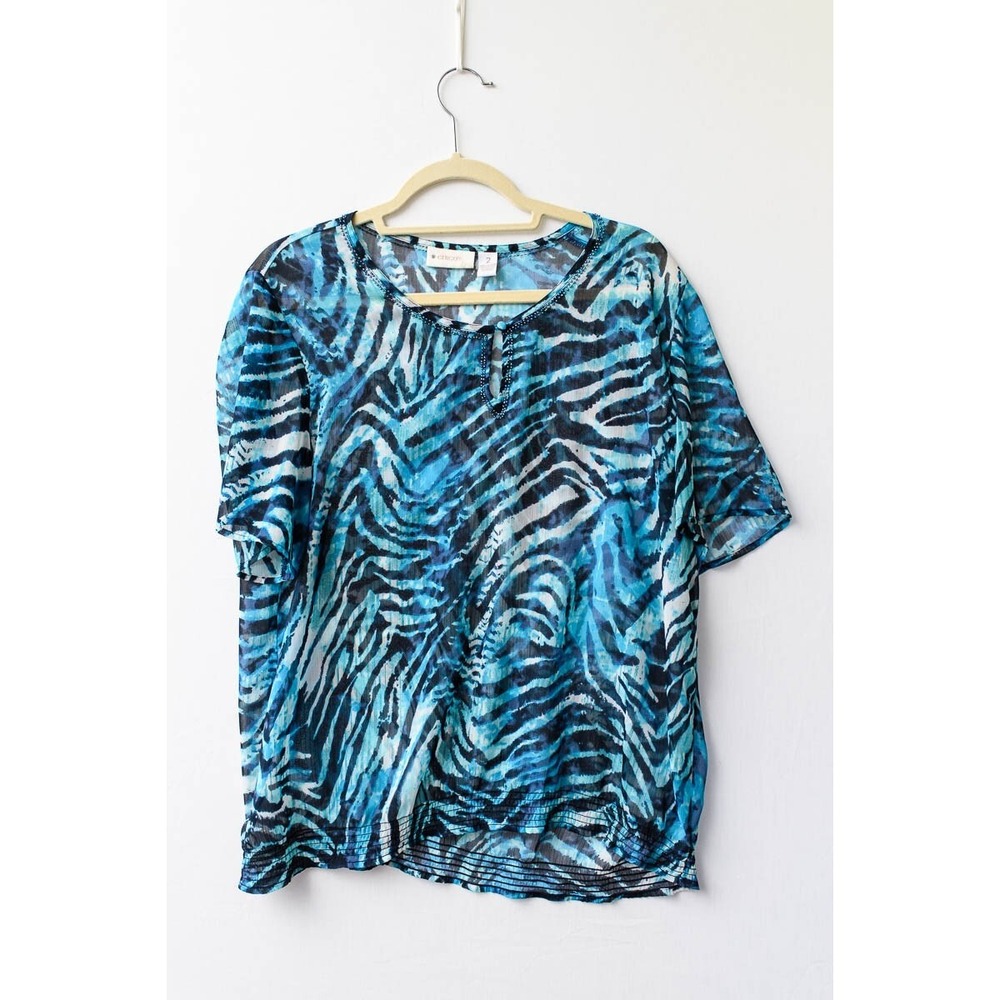 Chico's Top L 12 blue zebra animal print womens blouse casual office basic
